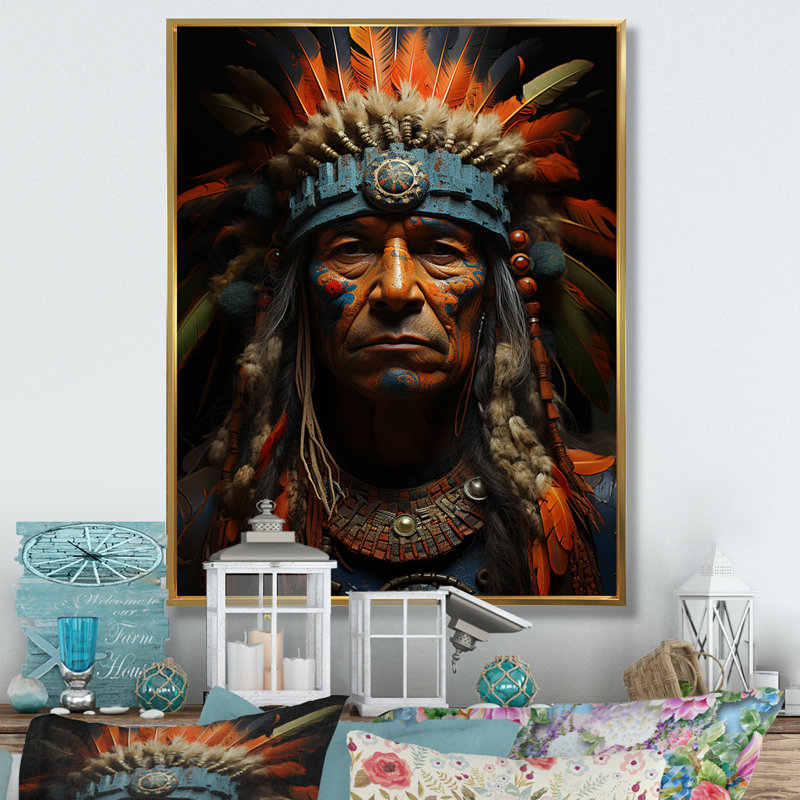 Essence amérindienne Nomi Orange / bleu sarcelle II, H 32 po x l 16 po x P 1 po, Cadre flottant doré