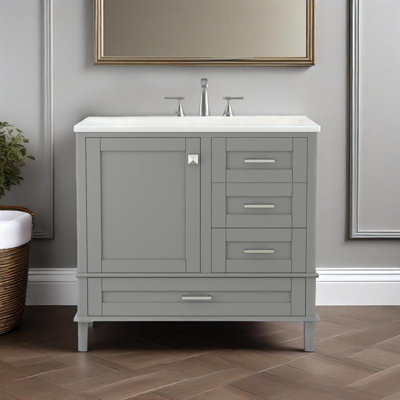 Meuble-lavabo moderne 36 po avec cadre solide, 1 porte à fermeture douce et 3 tiroirs, armoire de rangement moderne