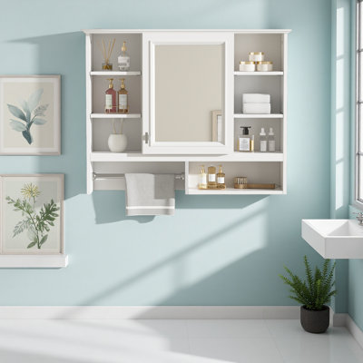 35 inch Wall-Mount 2-in-1 Mirror Cabinet with Adjustable Shelves, Soft-Closing Hinges, Open Shelves, for Bathroom Vanity, Living Room, Bedroom Storage Organizer