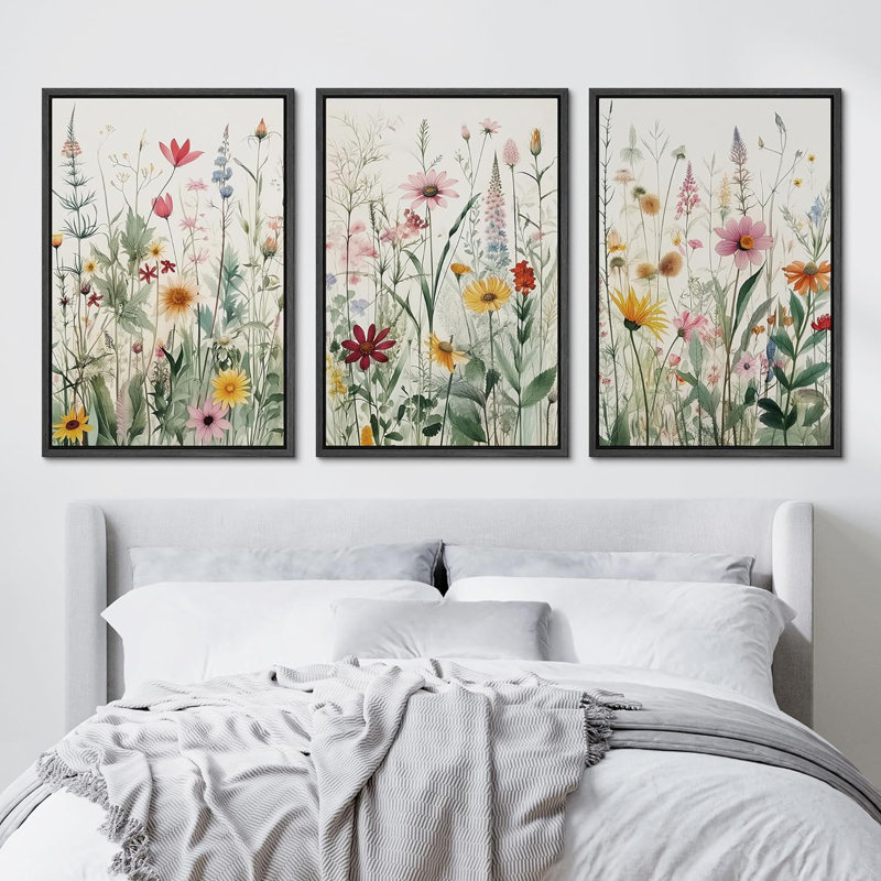 Vibrant Wildflower Green Garden Floral Boho Artwork Framed On Canvas 3 Piece Paintings Print Wall Decor, Black Floater Framed