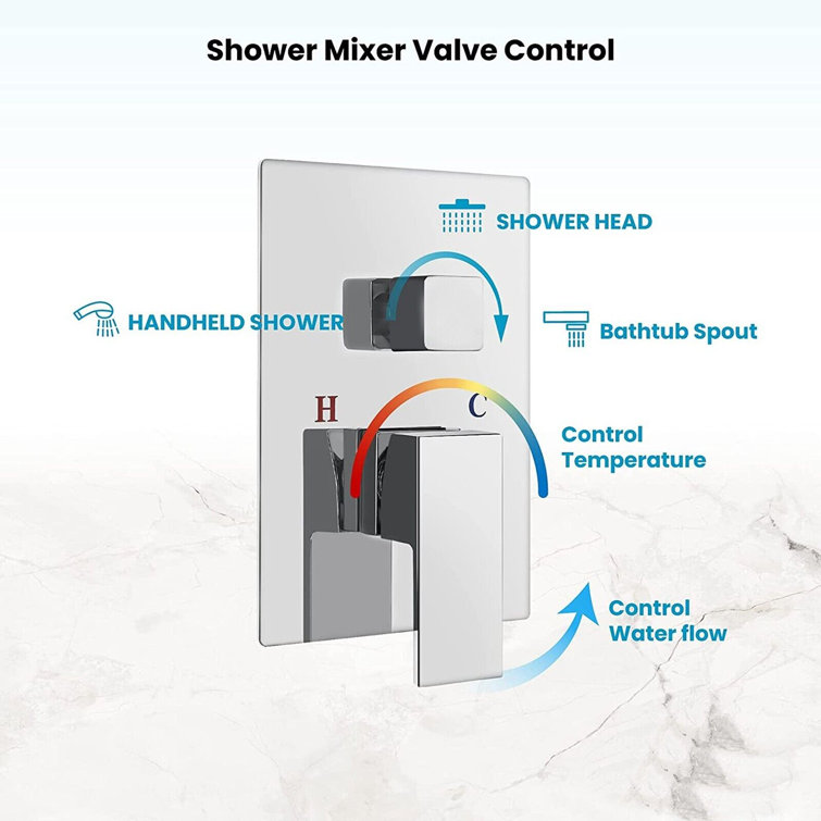 Chrome Shower Faucet System Set 12 in Rain Shower Head Mixing Valve Waterfall Tub Spout