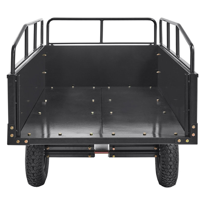 Chariot à benne robuste en acier pour VTT, capacité de 750 lb, 15 pieds cubes, acier, 1 pièce, remorque utilitaire, noir, pneus pneumatiques de 16 po et côtés amovibles