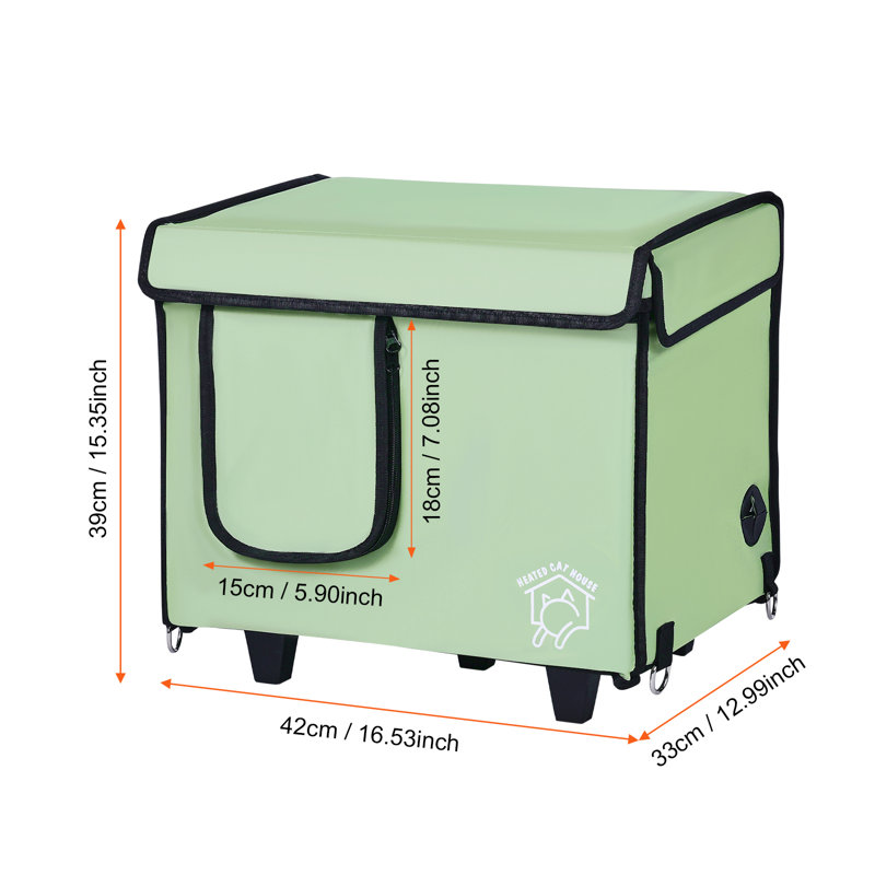 Abri pour chat surélevé et chauffé pour chat avec coussin chauffant vert (s), Petit (H 15,35 po x l 12,99 po x P 16,53 po)