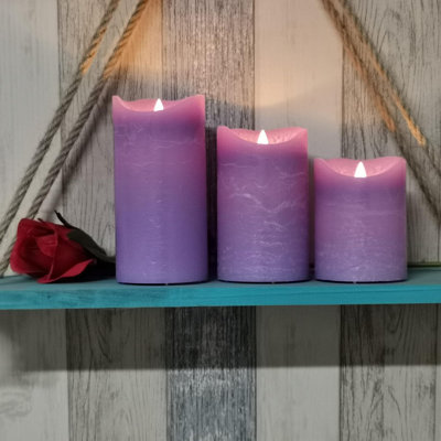 3 Pack Rustic Lavender Purple Flameless Pillar Candles:Real Wax, Battery Operated with 6H Timer,Realistic Flickering LED