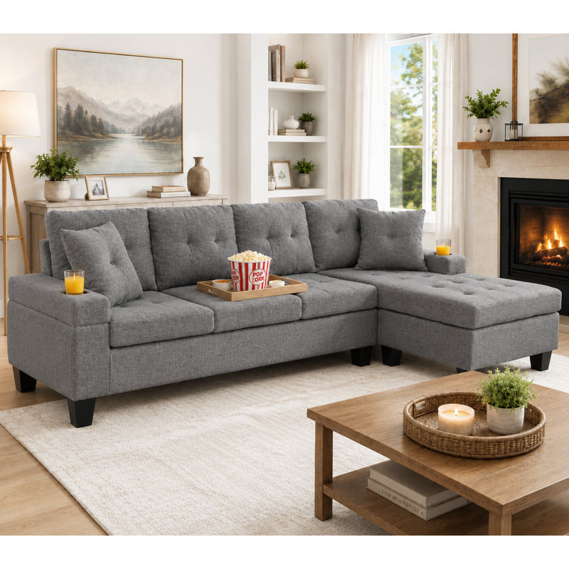 Canapé modulaire réversible en tissu de lin avec méridienne et porte-gobelets, canapé moderne en forme de L (orienté vers la gauche / la droite), gris