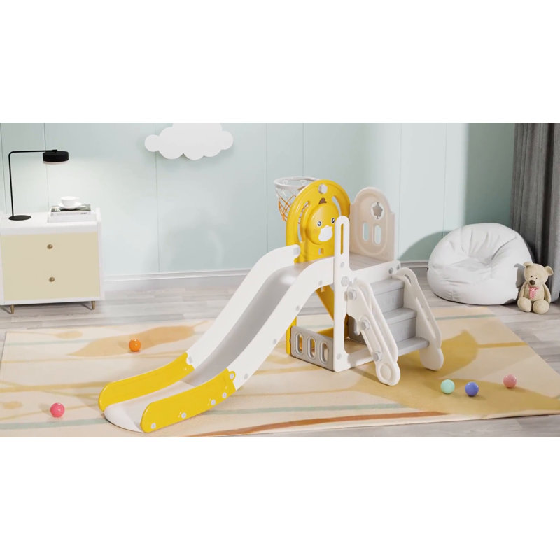 Yellow Duck Theme 5-in-1 Toddler Slide with Basketball Hoop