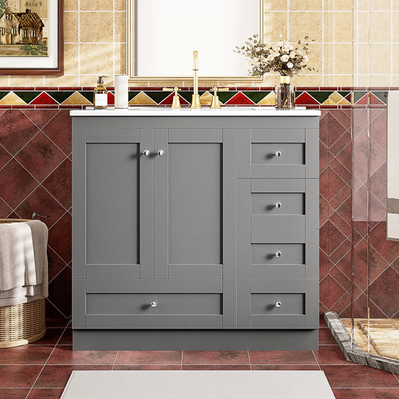 Meuble-lavabo autoportant avec lavabo en céramique, 4 tiroirs à fermeture en douceur et 2 portes à fermeture en douceur, Gris