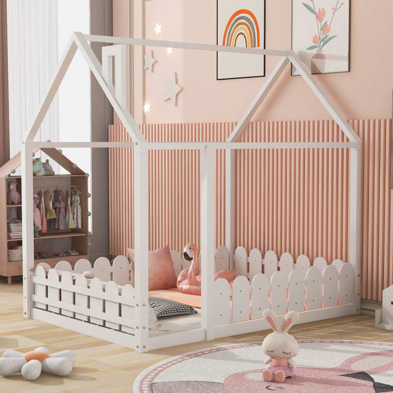 Full Size Wood Bed House Bed Frame With Fence,For Kids,Teens,Girls,Boys
