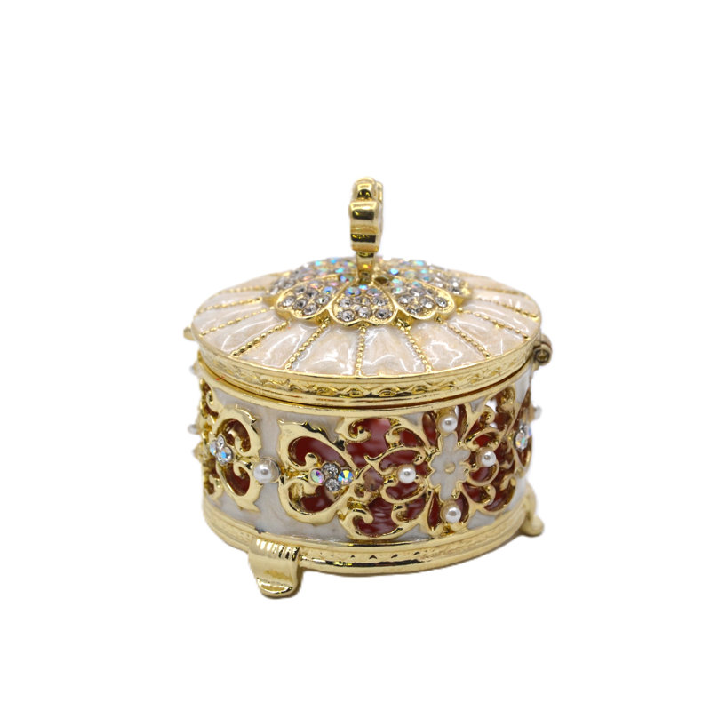 Round Decorative Box with Austrian Crystals & Enamel Beige