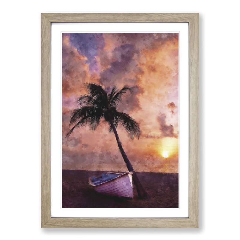 Palm Tree and Boat - Framed Print, 36cm H x 27cm W x 2cm D, Oak Framed