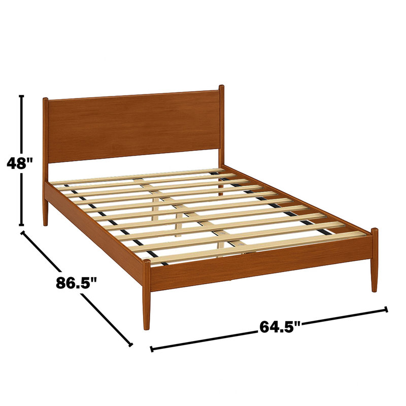 Lit de style moderne Mid-Century à finition chêne, pieds fuselés ronds, base à lattes pour plateforme de taille d'air facile à assembler, circulation d'air du matelas