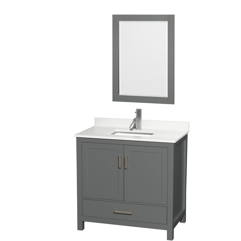Sheffield 36" Freestanding Single Bathroom Vanity with Quartz Top with 24" Mirror, White Quartz, Dark Gray, Chrome