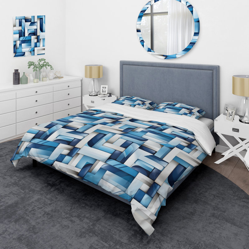 Ensemble de housse de couette blanc et bleu à blocs géométriques Harmony II, Housse de couette pour très grand lit et 2 très