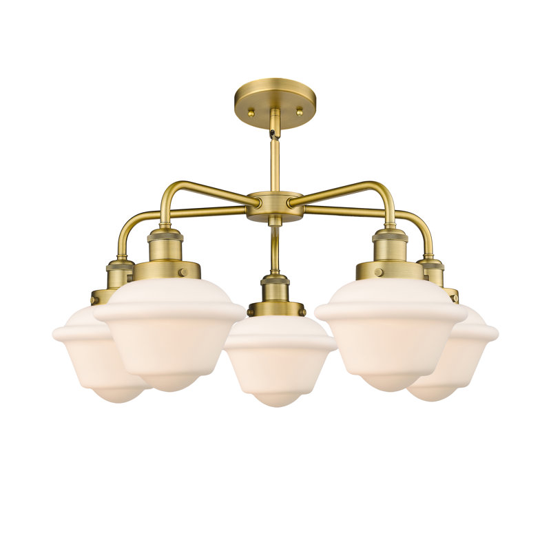 Lustre bol à 5 lumières en verre à intensité variable Grourke, Blanc mat, Laiton brossé