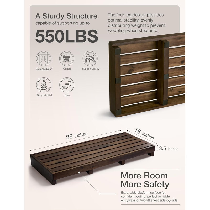 One Step Stool for Elderly (35" Length) - Acacia Wood High Riser Step Stool with Non-Slip Pads