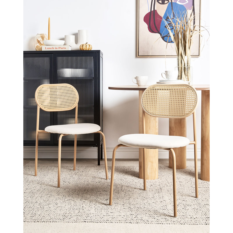 Alph 45cm H Linen Upholstered King Louis Bac Stacking Side Chair, Beige, Beige Wood