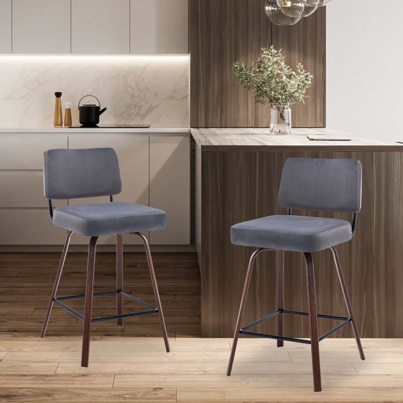 26 Inch Velvet Swivel Counter Height Bar Stools, Gray
