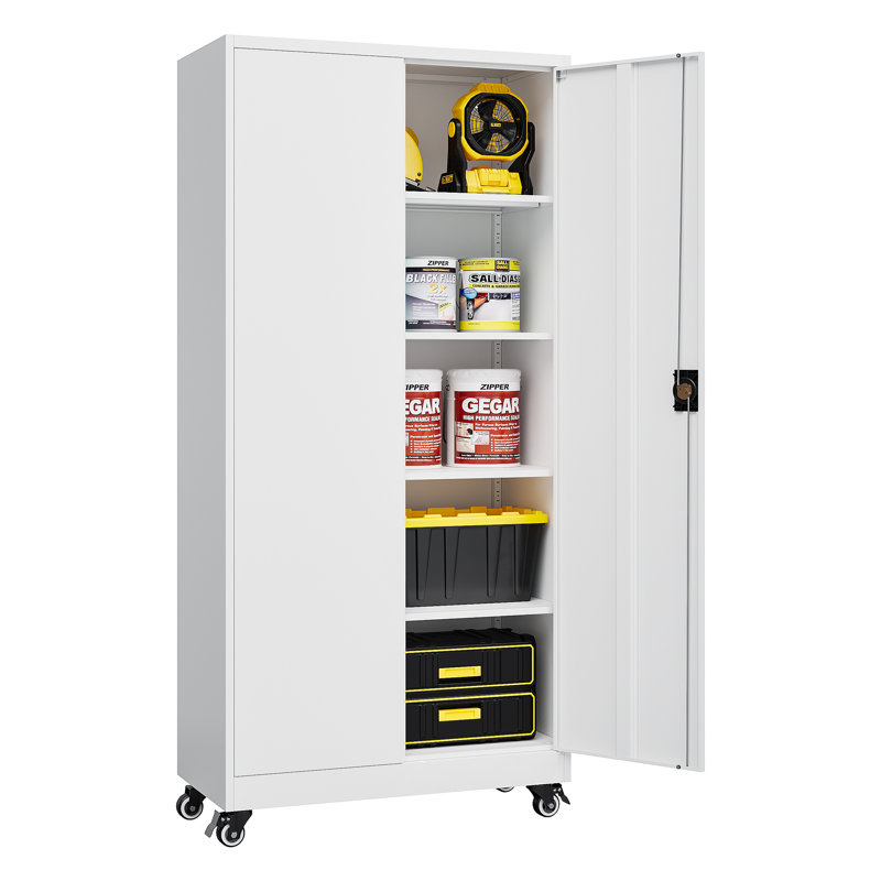 5-Tier Lockable Steel Storage Cabinet With Wheels (74.5"H X 31.5"W X 15.75"D), White