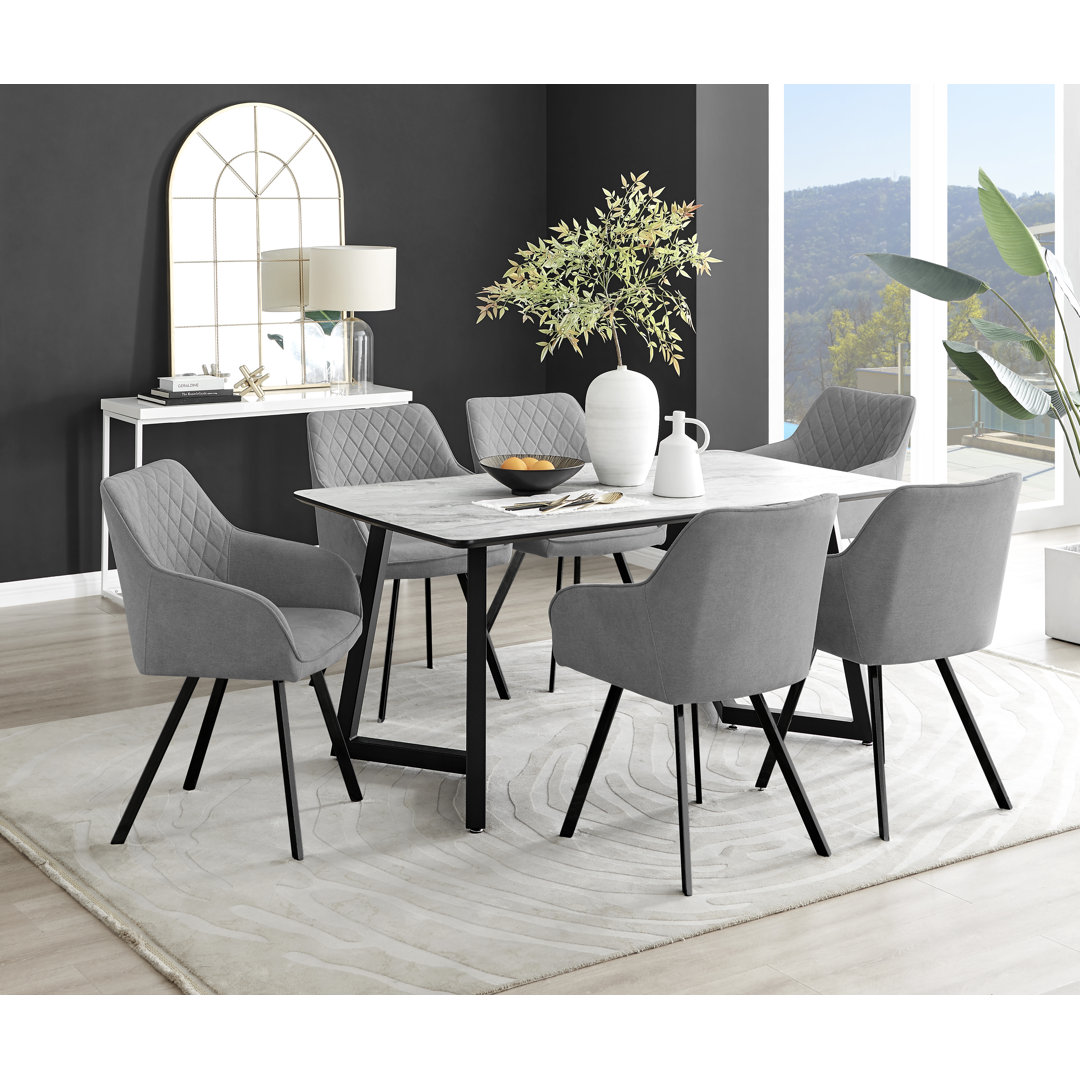 Industrial Design White & Grey Marble Effect Melamine Dining Table Set with 6 Upholstered Chairs