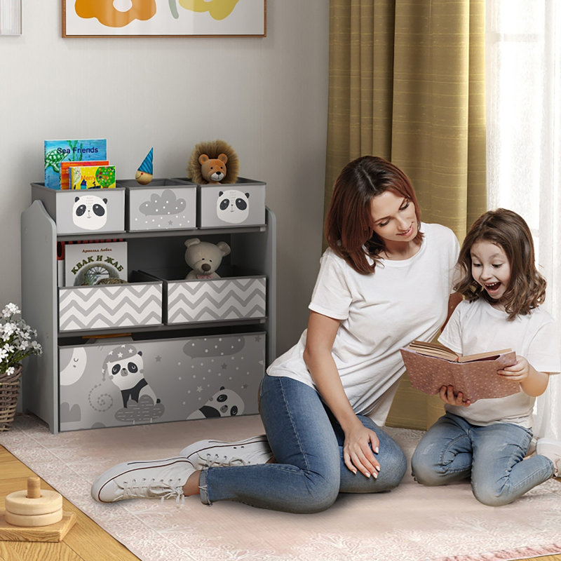 Soft Pink Three Tier Kids Toy Storage Shelf With Six Detachable Non Woven Fabric Bins Printed With Forest Fox Bunny Mountain Rainbow Graphics Low Height Organiser For Nursery Playroom Bedroom Ages Three To Eight