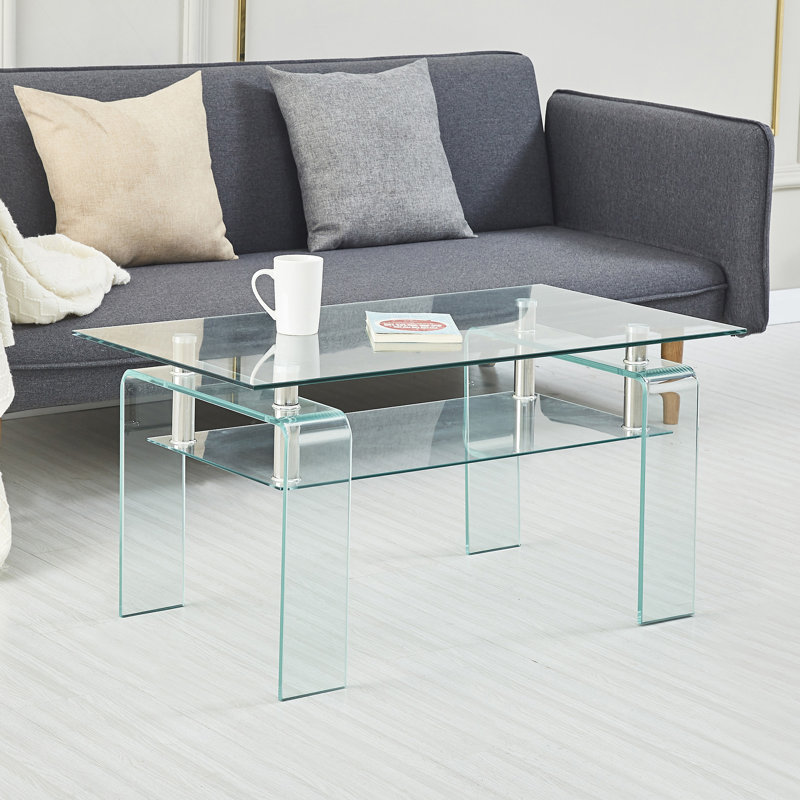 Table basse rectangulaire en verre transparent avec rangement à 2 niveaux