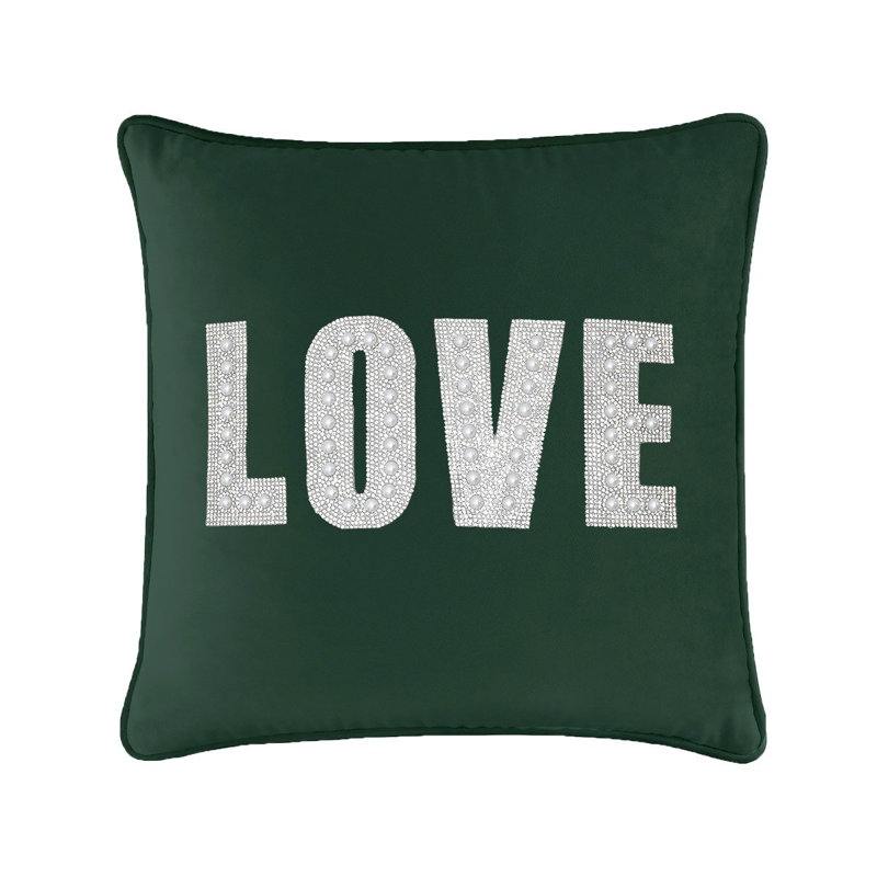 Coussin Sparkles Home Love Montaigne | Strass et fausses perles | Insert en plumes et lavable à la machine, Velours émeraude