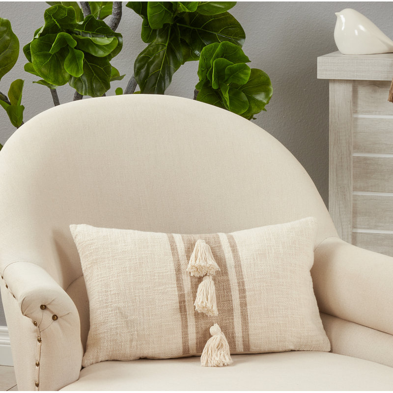 Natural Cotton Striped Tassel Throw Pillow