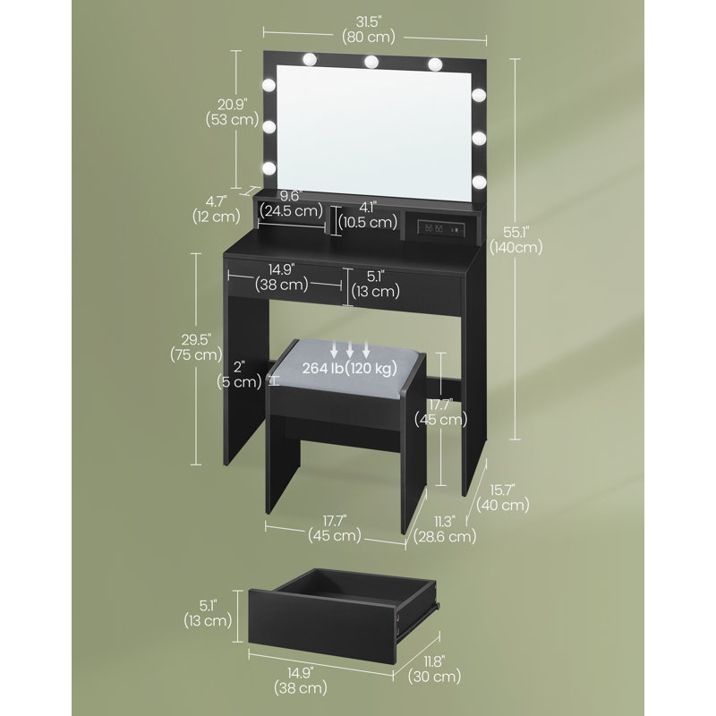 Coiffeuse de maquillage avec miroir et lumières, tabouret de coiffeuse rembourré, 9 lumières DEL à intensité variable