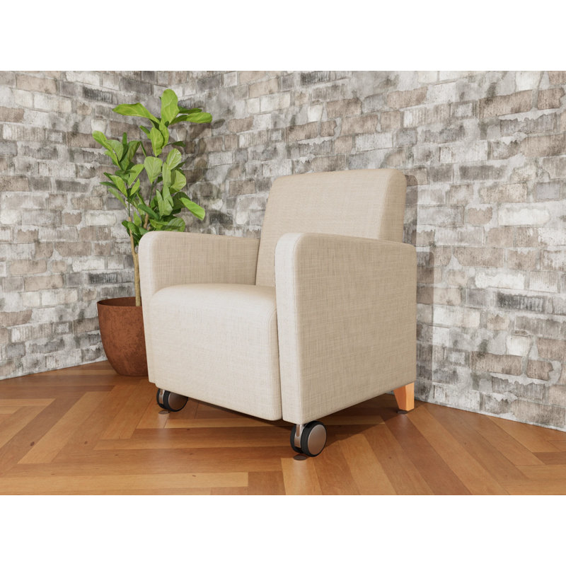 Fauteuil d'invité de réception Ravenna, Bois naturel, Chambray calcaire, Avec des roulettes