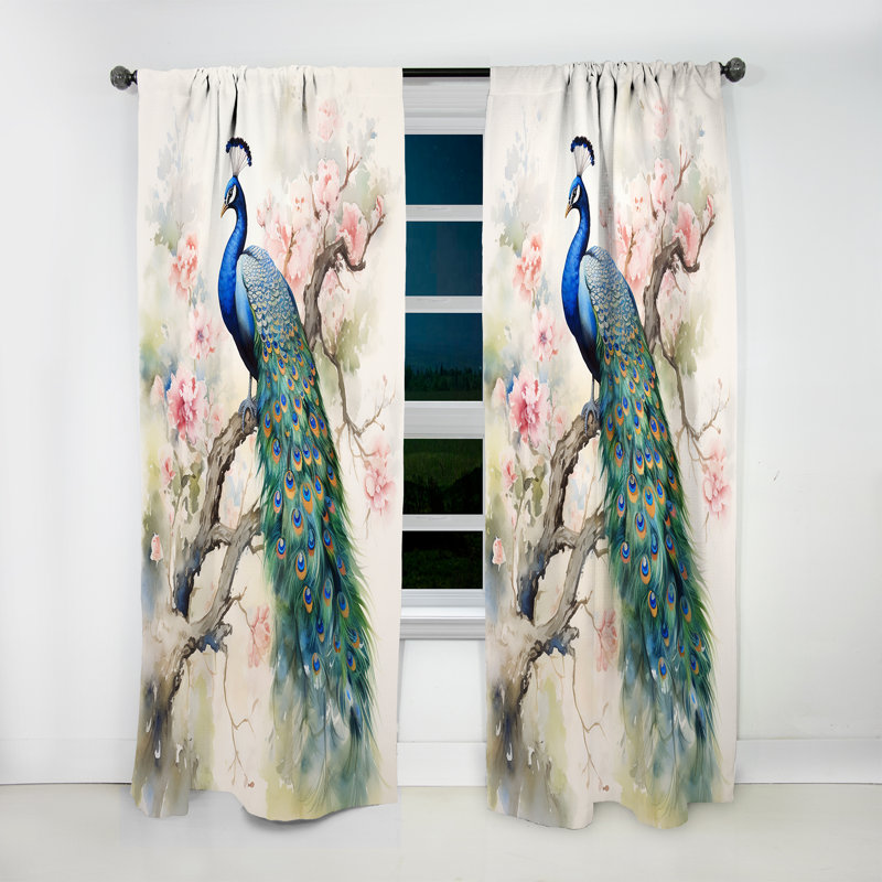 Blue Ink Wash Peacock I - Peacock Curtain - Velvet Room Darkening - 1 Panel, 52" W x 84" L
