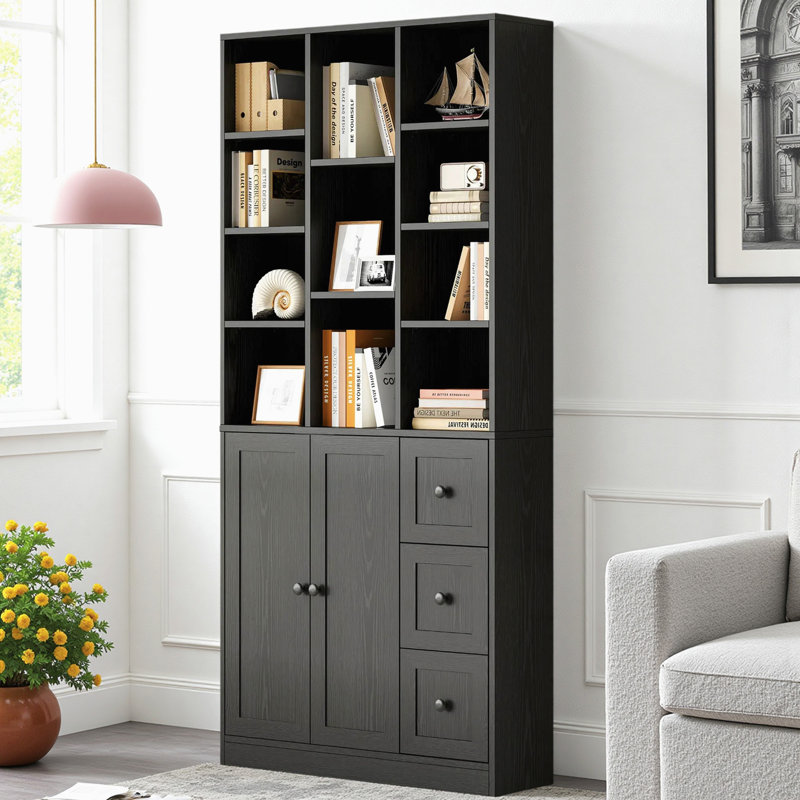 Bibliothèque de 71 po de hauteur avec 2 portes et 3 tiroirs, bibliothèque de 31,5 po de largeur avec 4 tablettes réglables