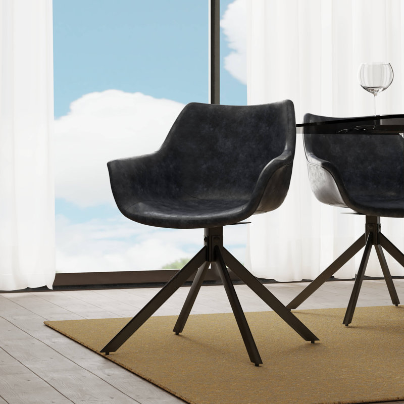 Matthew Upholstered Leather Dining Chair 360-Degree Swivel Armchair With Powder-Coated Iron Legs Dulaney Collection, Black