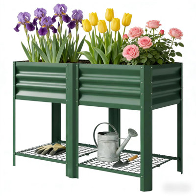 Durable Raised Planters With Storage, Green Steel Garden Bed For Outdoor
