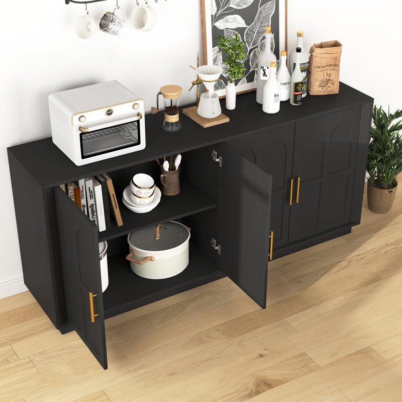 66.5'' Wood Buffet Sideboard With 4 Arched Doors, Modern Storage Cabinet, Black