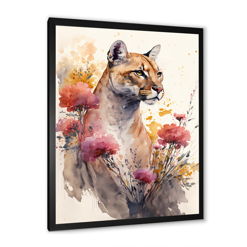 «Cute Puma Floral Art III», peinture sur toile, Impression noire sur toile encadrée, H 20 po x l 12 po x P 1 po