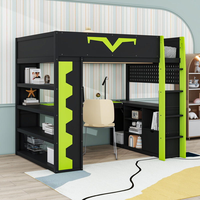 Full Size Wooden Loft Bed, Storage Shelves, RGB Lighting, Charging Station and Drawer, Green