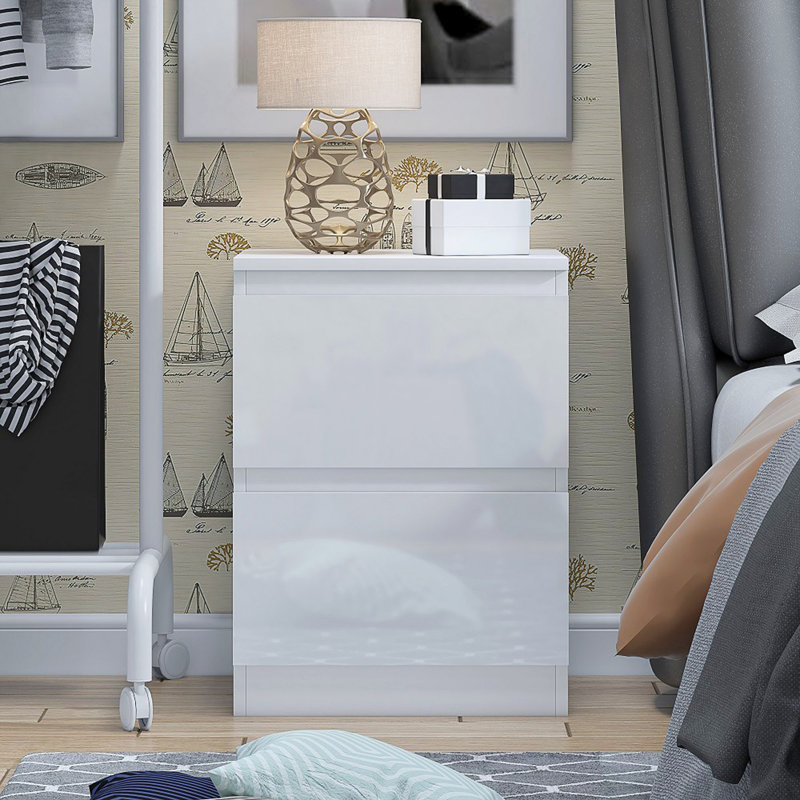 Carlton 2 Drawer Bedside Table Nightstand: High Gloss Front. Scratch Resistant. Handleless Design., White
