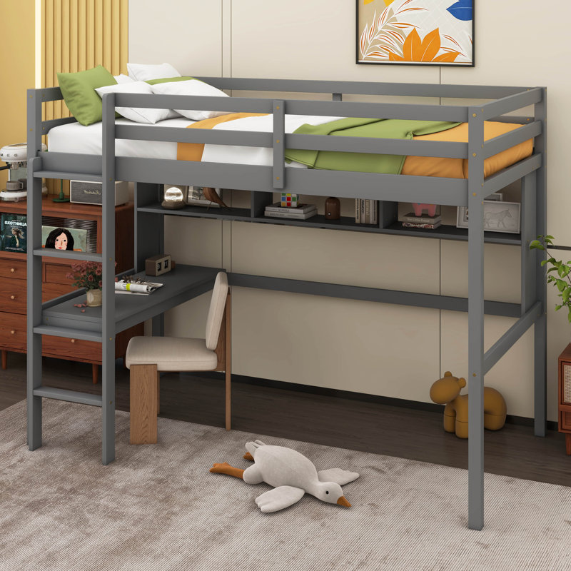 Twin Size Loft Bed With Desk And Shelves, Safety Guardrail And Ladder, Gray
