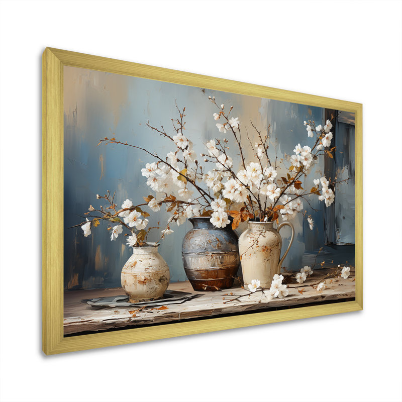 Art mural de poterie et de fleurs nature morte I, H 12 po x l 20 po, Cadre simple noir, Doré