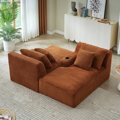 Compressible double chaise lounge with cupholders - No Assembly Required, Fluffy Modern Sleeper Loveseat for Indoor Living Room Bedroom Reading