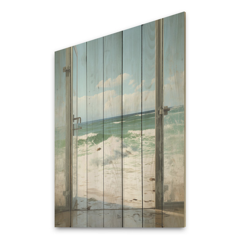 Vue sur la plage du bord de mer - fenêtres côtières sur bois, H 44 po x l 34 po