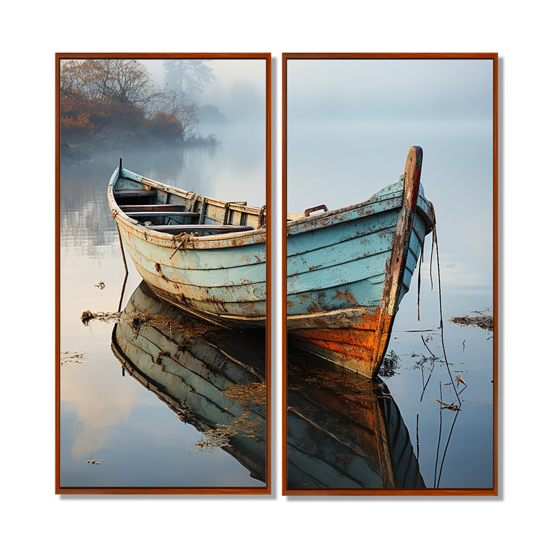 «Boat Serene Waterscapes I», art mural moderne sur toile bleue, 20" H x 24" W, Impression encadrée flottante, Brown