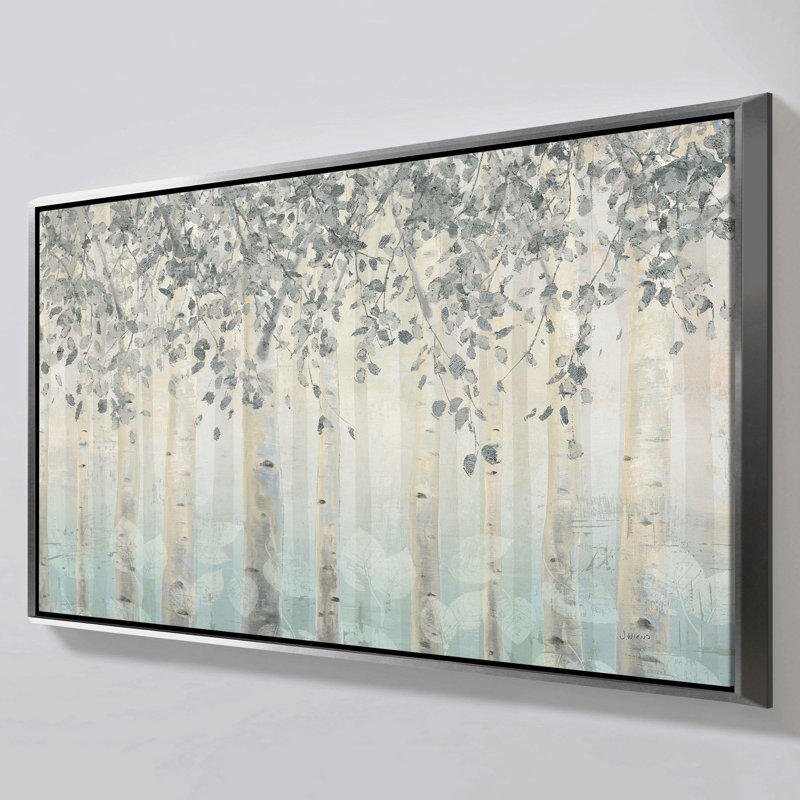 « Silver and Grey Dream Forest I » de James Wiens – Impression sur toile dans un cadre flottant blanc, H 21,5 po x l 33,5 po