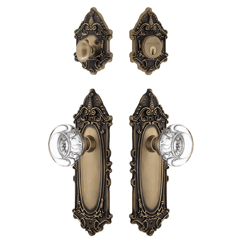 Nostalgic Warehouse Victorian Entry Set with Round Clear Crystal Knob, Antique Brass, 2.375