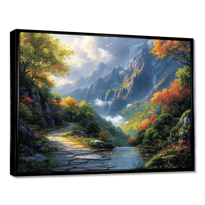 Nature, gloire et montagne, sentier, fleurs printanières, campagne, art mural, salon, Toile avec cadre flottant noir