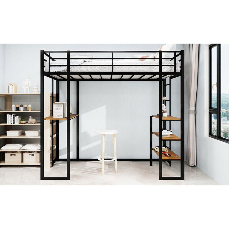 Lit à structure en fer avec rampe et escalier pour la chambre à coucher, noir, espace - Assemblage facile