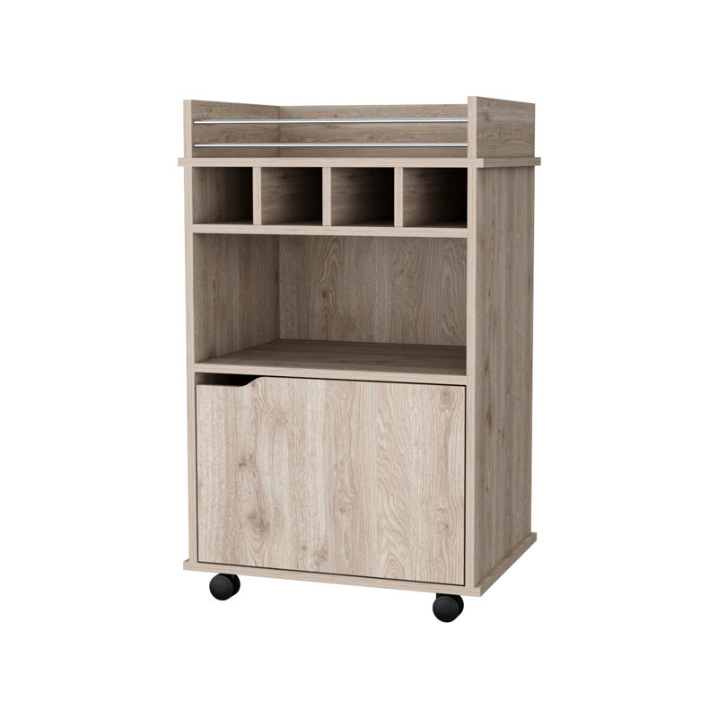 Wood Bar Cart With Built-In Bottle Holders And Smooth Wheels Dining Room Multiple Compartments Accessibility, Natural