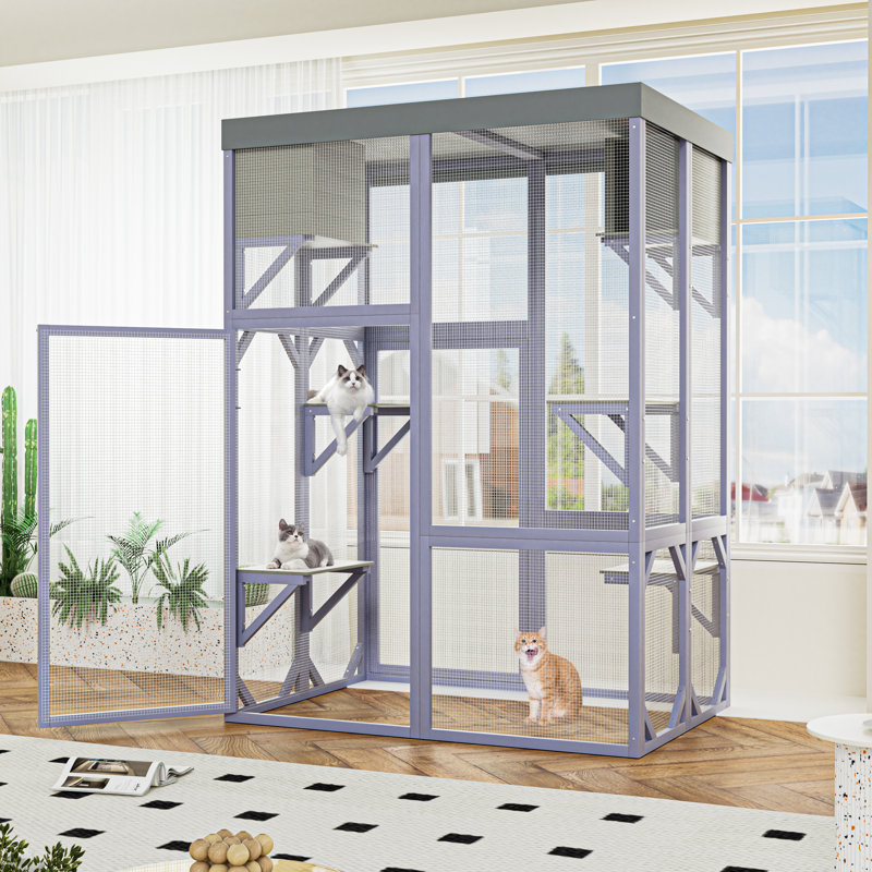 Enceinte en bois Catio avec 4 plateformes et 2 maisons, cage pour chat intérieure / extérieure multifonctionnelle