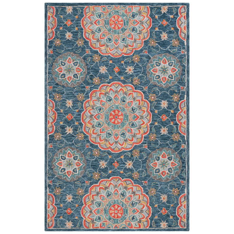 Tapis floral en coton touffeté à la main bleu / rouge Saysha, Rectangle de 5 pi x 8 pi