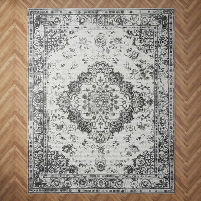 Non-Slip Floral Machine Washable Vintage Area Rug in Grey/Cream